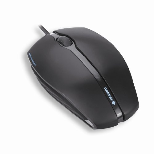 Black wired optical mouse with a sleek design, featuring three buttons and a USB connector, suitable for both right and left-handed users.