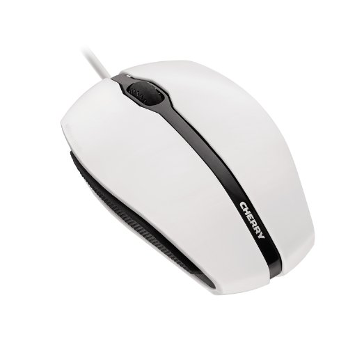 Grey wired optical mouse with three buttons, featuring a smooth surface, ergonomic shape, and a black accent stripe along the top, branded with the Cherry logo.