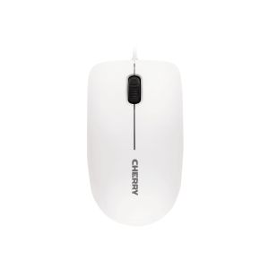 Pale gray optical mouse with a scroll wheel, three buttons, symmetrical design, and USB 2.0 connectivity, featuring the "CHERRY" logo on the side.