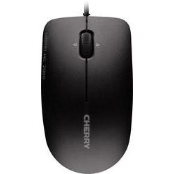 Black wired optical mouse with three buttons, featuring a smooth surface, scroll wheel, and Cherry branding on the side.