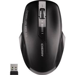 Wireless optical mouse in black with six buttons, a scroll wheel, and a DPI switch, featuring a sleek design and a USB receiver.