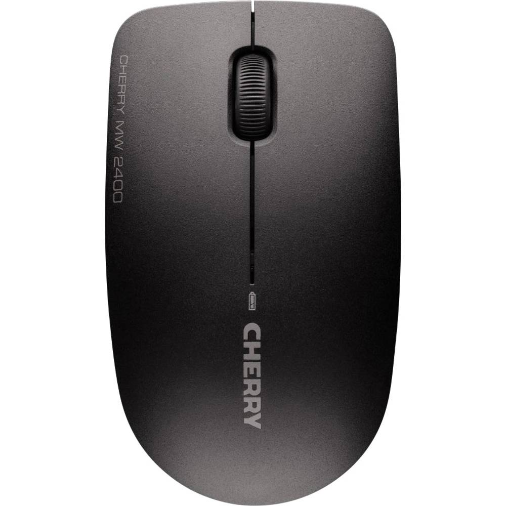 Black optical mouse with a sleek design, featuring three buttons and a scroll wheel, labeled with "CHERRY MW 2400" on the side.