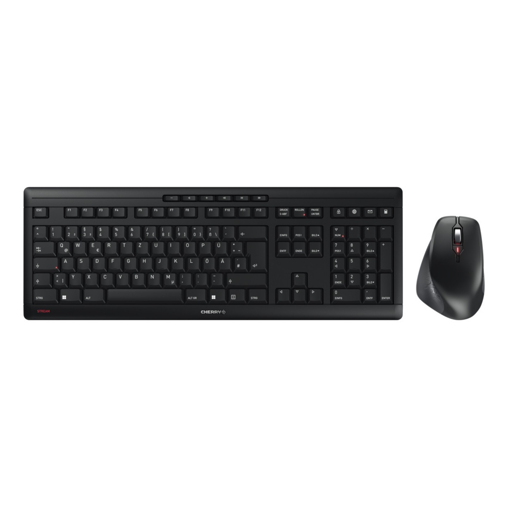 Black Cherry JD-8550DE-2 Stream Comfort Keyboard features a full layout with multimedia keys, paired with a sleek black optical mouse, both designed for ergonomic use.