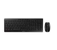 Black Cherry Stream desktop keyboard with a full layout and multimedia keys, paired with a sleek black wireless mouse, both featuring a modern design and ergonomic shape.