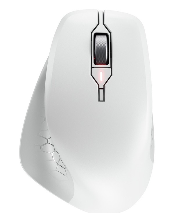 White Cherry STREAM Wireless Comfort Mouse featuring a sleek design, textured side grip, scroll wheel, and a red indicator light.