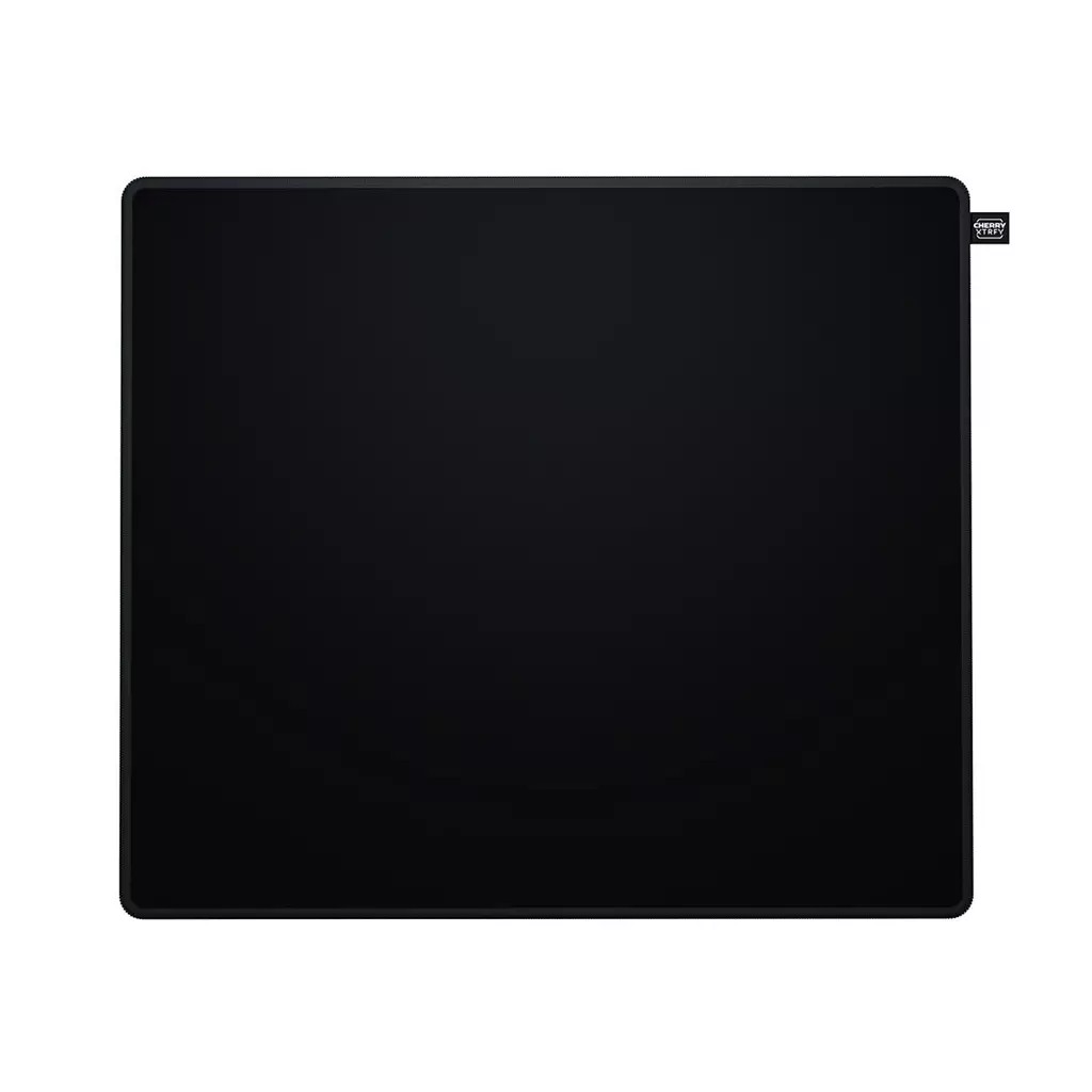 Black gaming mouse pad featuring a smooth surface, stitched edges for durability, and a small branded tag in the corner, designed for precision and control.