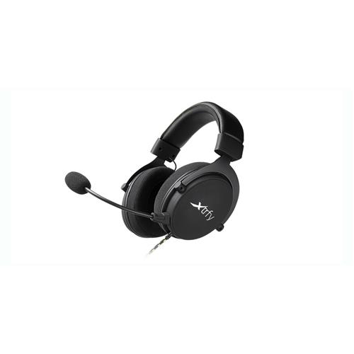 Black wired headset with a padded headband and adjustable microphone, designed for calls, music, and sports, featuring a sleek, modern design by Xtrfy.