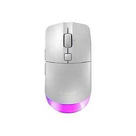 White wireless gaming mouse with a sleek design, featuring a scroll wheel, two side buttons, and customizable RGB lighting at the base.