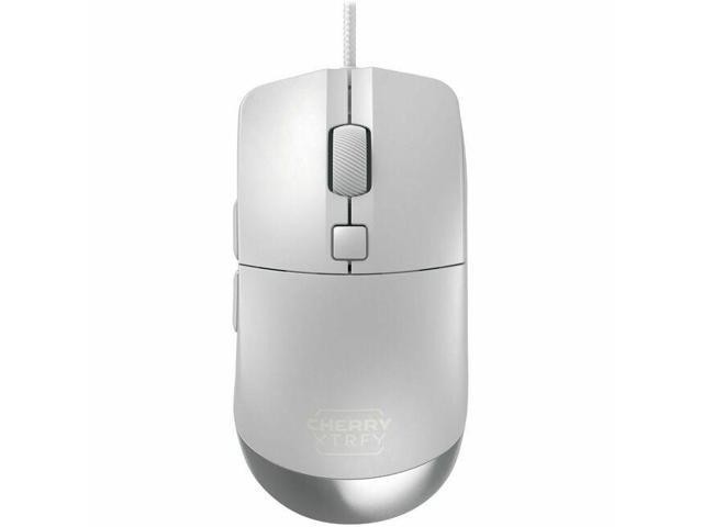 Lightweight white wired gaming mouse with an ergonomic design, featuring a smooth surface, two side buttons, a scroll wheel, and the Cherry XTRFY logo.