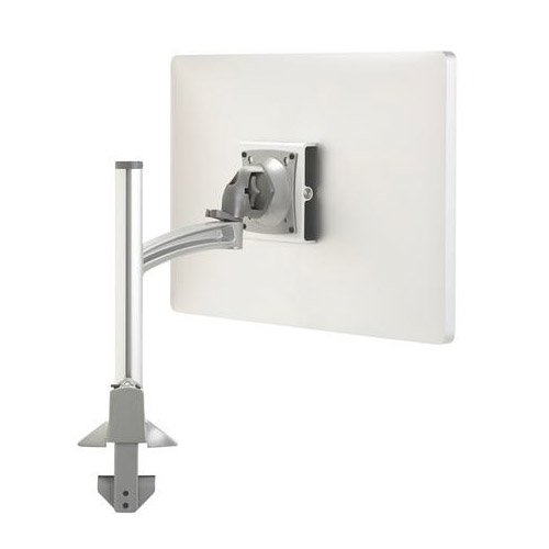 Silver monitor mount with adjustable arm, designed for 30" screens, featuring a sturdy base and a sleek, modern aesthetic.