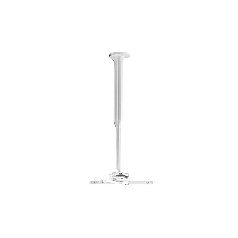 White ceiling mount for projectors, featuring a sturdy metal construction, adjustable length, and a flat base with multiple mounting points for secure installation.