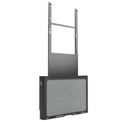 Black metal floor support system with a sleek design, featuring a sturdy back panel and adjustable mounting brackets for AV equipment.