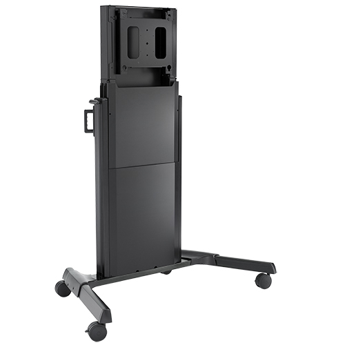 Black electric height-adjustable cart with a sturdy metal frame, featuring a compact design, integrated cable management, and smooth-rolling wheels for easy mobility.