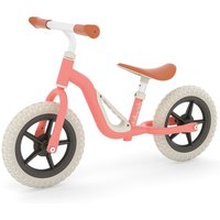 Chillafish Charlie Flamingo 10" balance bike, pink frame, white handlebars, brown seat, black wheels with white tires.