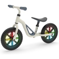 Beige Chillafish Charlie Glow 10" balance bike with LED wheels, blue handlebars, and a sleek, curved frame.