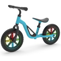 Sky blue Chillafish Charlie Glow 10" balance bike with black handlebars, seat, and rainbow-colored wheel spokes.