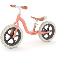 Salmon pink Chillafish Charlie Lux 12" balance bike with white tires, black rims, and brown seat and handlebars.