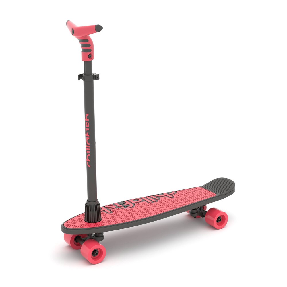 Chillafish SkatieSkootie 2 in coral features a sturdy black deck with pink accents, a height-adjustable handlebar, and four smooth, colorful wheels for a fun ride.