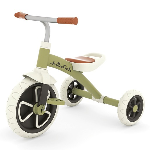 Chillafish Ziggy Trike in olive green with a brown seat, featuring a sturdy frame, three wheels, and large white tires with black rims for stability and style.