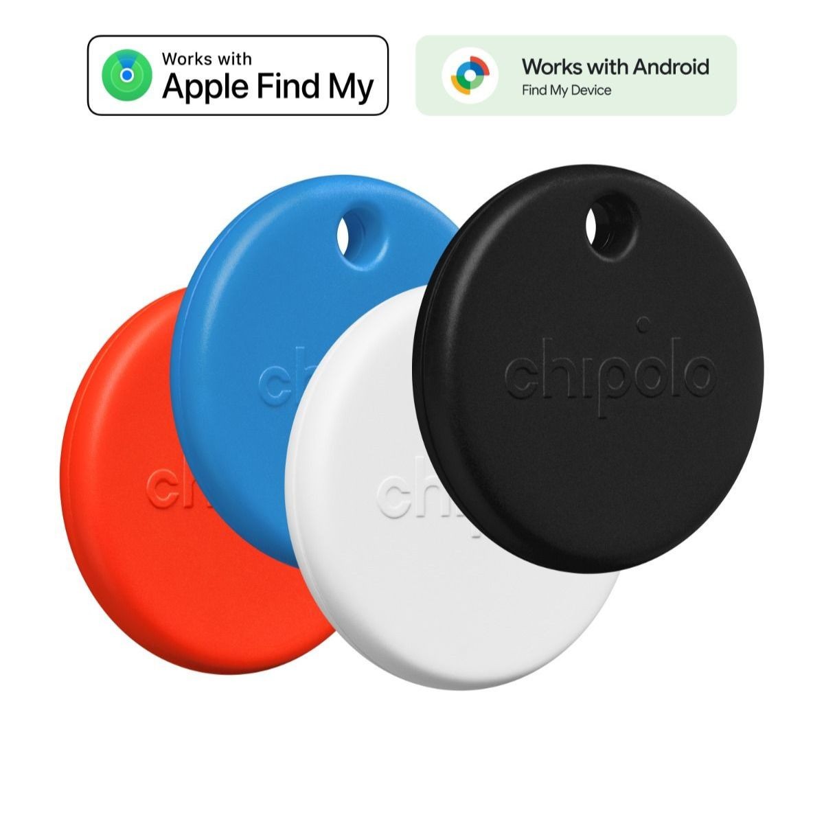 Four round Bluetooth tracking tags in black, red, white, and blue, featuring a smooth plastic finish and a central hole for attachment, labeled "chipolo."