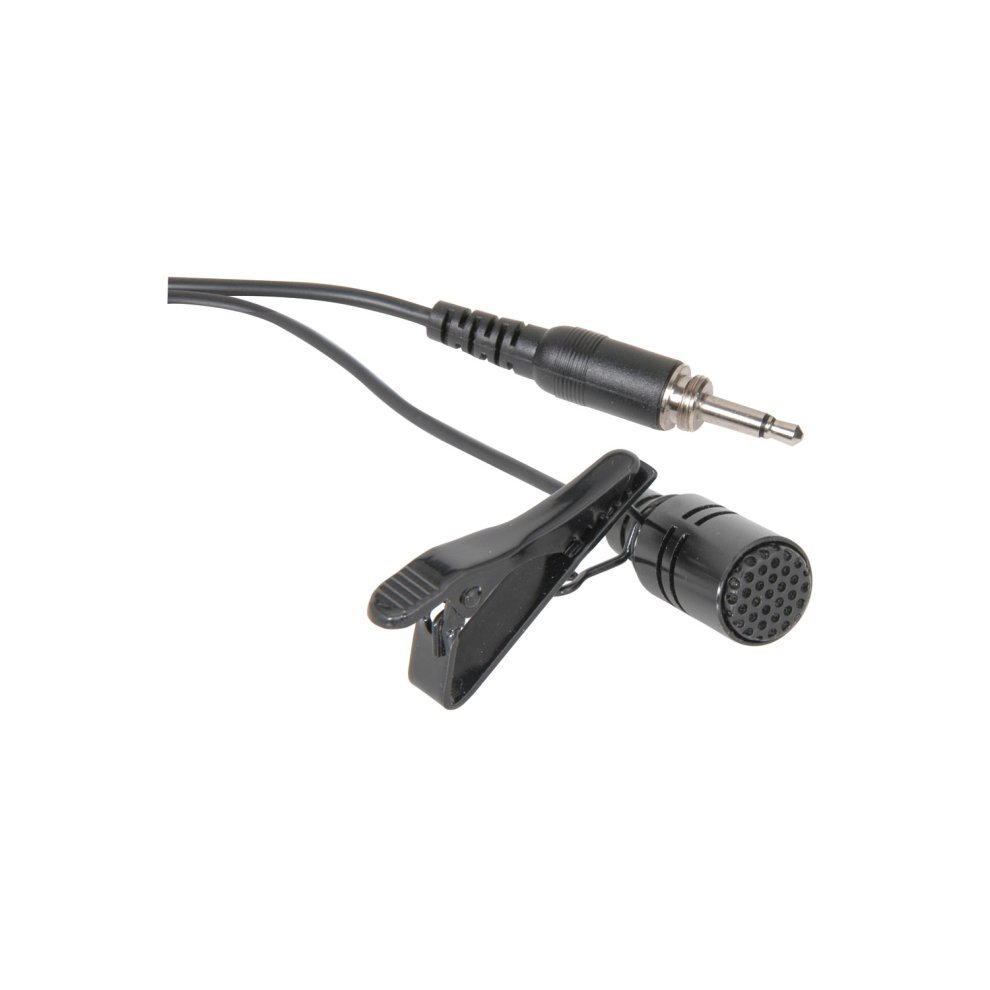 Black lavalier microphone with a clip for attachment, featuring a mesh grille and a 3.5mm jack connector, designed for Chord & QTX wireless systems.