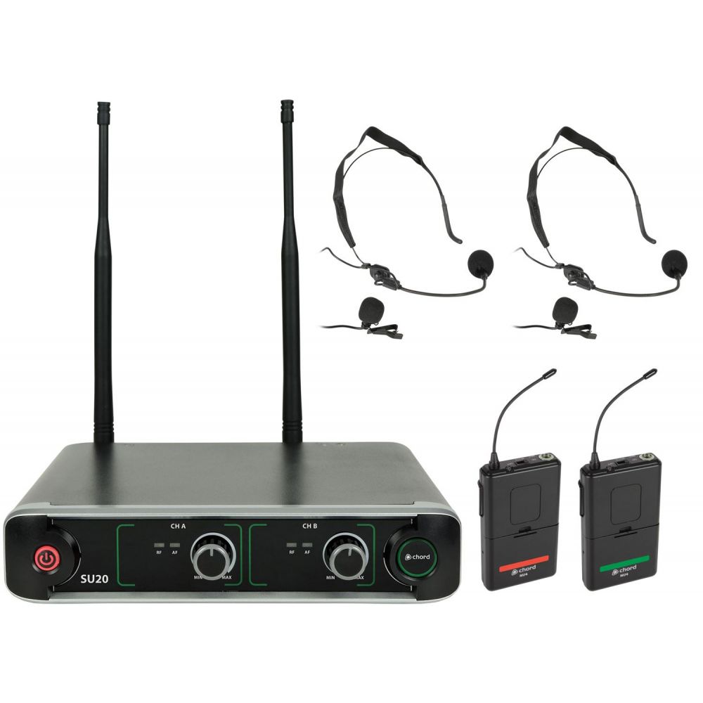Wireless microphone system featuring a black metal receiver with dual antennas, two bodypack transmitters, and two headset microphones, all with green and red accents.