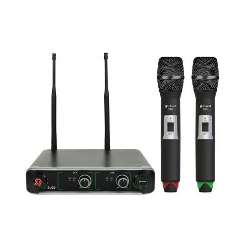 Black metal audio receiver with two wireless microphones, featuring green and red accents, two antennae, and front panel controls for volume and power.