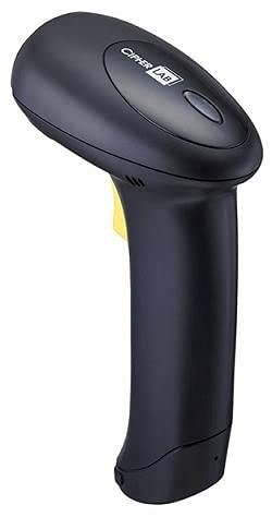 Black handheld barcode scanner with a curved ergonomic design, featuring a prominent trigger button and a yellow accent near the base, designed for efficient scanning.
