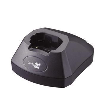 Black charging and communication dock with a curved design, featuring a central connector and the "CipherLab" logo on the front.