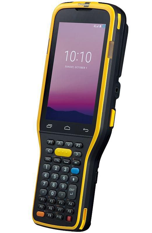 Handheld mobile computer with a 4.3" touchscreen, featuring a black body with yellow accents, physical keypad, and a sleek design for rugged use.