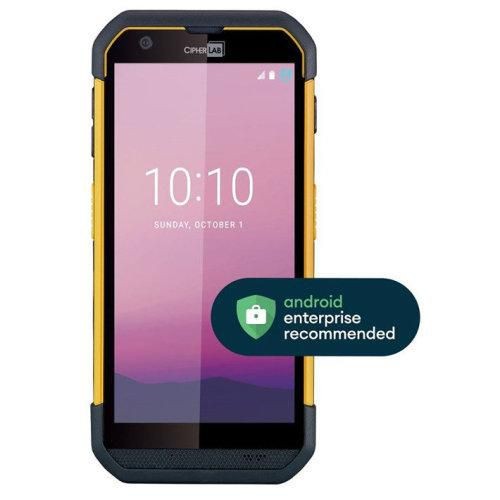Rugged CipherLab RS36 device with a yellow and black exterior, featuring a touchscreen display, Android logo, and "Android Enterprise Recommended" badge.
