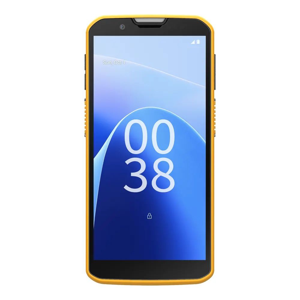 CipherLab RS38 smartphone features a bright blue display with an orange rugged exterior, showcasing the model number "00:38" prominently on the screen.
