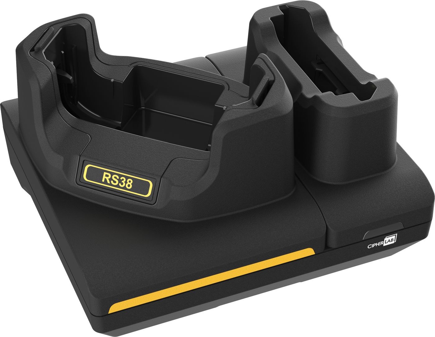 Black and yellow charging dock for CipherLab RS38, featuring two slots for devices, with a sleek, modern design and a textured finish for stability.