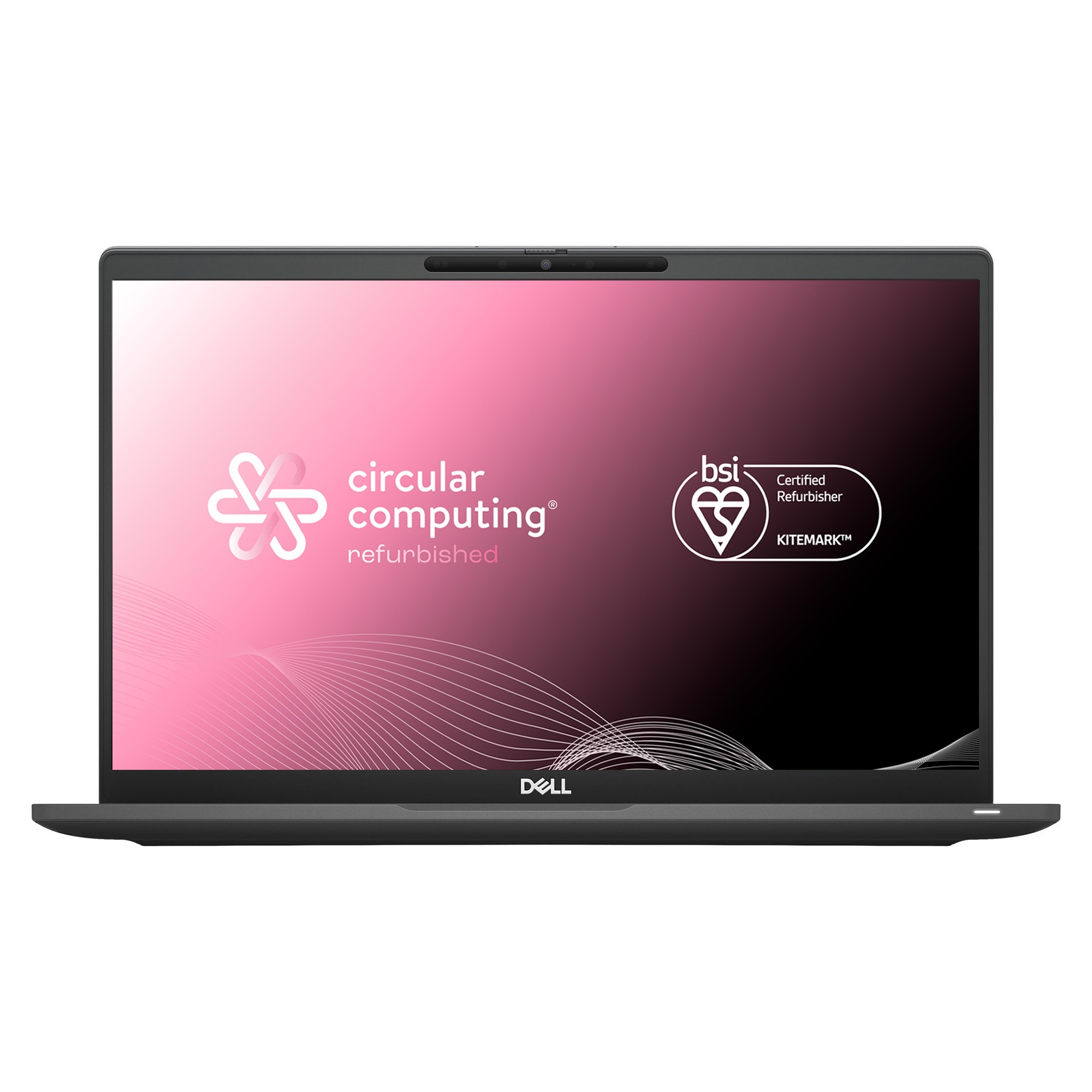 Refurbished Dell Latitude 7420 laptop featuring a sleek black design, 14" Full HD display, Intel Core i7 11th Gen, 16GB RAM, 256GB SSD, and BSI certification logo.