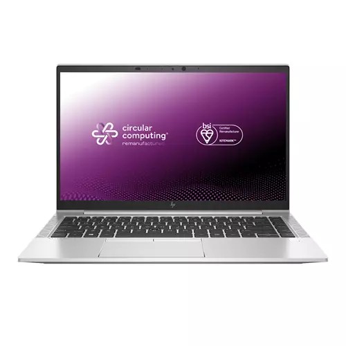 Silver HP EliteBook 840 G7 laptop with a 14" Full HD display, featuring a sleek design, Circular Computing logo, and a full keyboard, showcasing modern connectivity options.