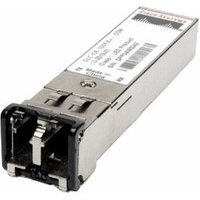 Silver Cisco 100BASE-LX10 SFP network media converter with black connector and label on top.