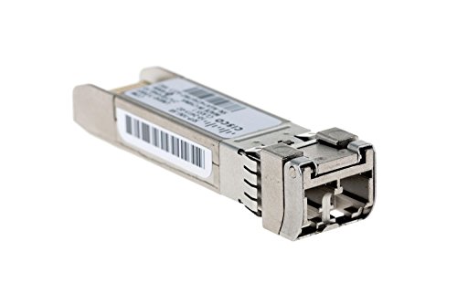 Cisco 10GBASE-LR SFP+ module in silver metal, featuring a single LC/PC duplex connector, designed for data networking and optical networks.