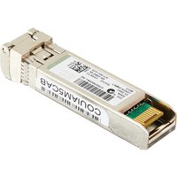 Cisco 10GBASE-LR SFP module, rectangular silver casing, visible connector pins, labeled with product details.