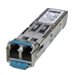 Cisco 10GBASE-SR SFP+ module with a metallic silver casing, blue latch, and two LC duplex connectors, designed for multi-mode fiber connections.