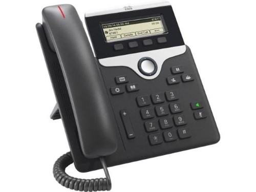 Cisco CP-7811-3PCC-K9 IP phone in black with a sleek design, featuring a numeric keypad, a single line display, and a handset with a red accent on the receiver.