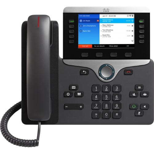 Cisco IP Phone 8851 features a sleek black design with a large color display, multiple programmable keys, and a curved handset, ideal for office communication.
