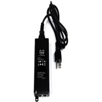 Black Cisco PoE adapter with power cord, rectangular shape, labeled with white text, Ethernet ports on one end.
