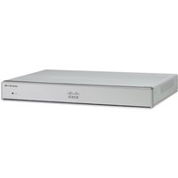 Cisco C1111-4P router, sleek silver design, compact, with 4-Gigabit Ethernet ports, Cisco logo on top.