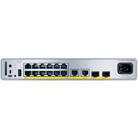 Cisco Catalyst 9200CX switch, silver, 12 Ethernet ports, USB port, power input on right, compact design.