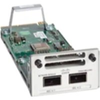 Cisco C9300X-NM-2C interface card with dual QSFP28 ports, green circuit board, and metal bracket.