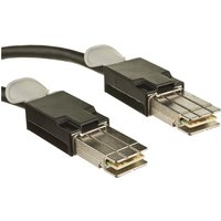 Black Cisco InfiniBand/fibre optic cable with metal connectors and protective white tabs.