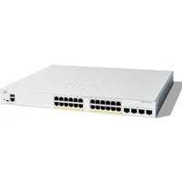 Cisco Catalyst 1200-24FP-4G Smart Switch, white, 24 GE ports, full PoE, 4 SFP slots, sleek rectangular design.