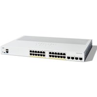 Cisco Catalyst 1200-24P-4G Smart Switch, 24 GE ports, PoE, 4 SFP slots, sleek white design, Cisco logo on top.