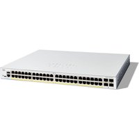 Cisco Catalyst 1200-48P-4G Smart Switch, sleek white design, 48 GE ports, PoE, 4 SFP slots, compact and modern.