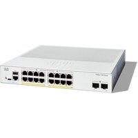 White Cisco Catalyst switch with 16 GE ports, PoE, and 2 SFP ports, featuring a sleek rectangular design.
